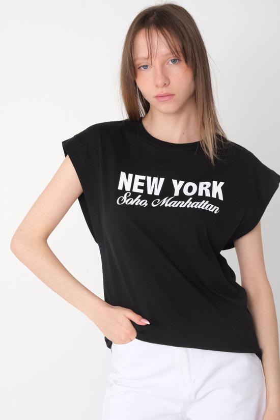  Bisiklet Yaka New York Baskılı T-shirt