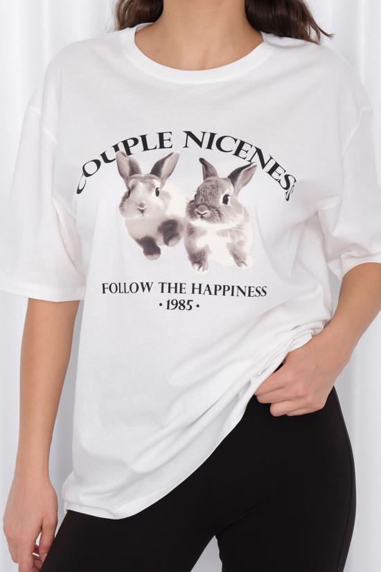  Tavşan Baskılı Oversize T-shirt