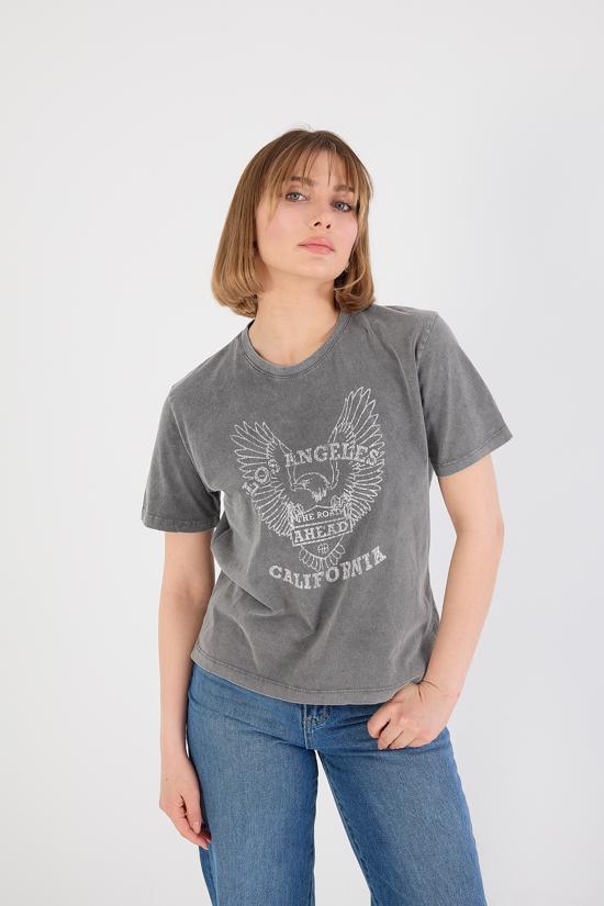  Los Angeles California Baskılı Soluk Efektli T-shirt