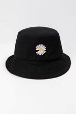 Siyah Papatya İşlemeli Bucket Şapka