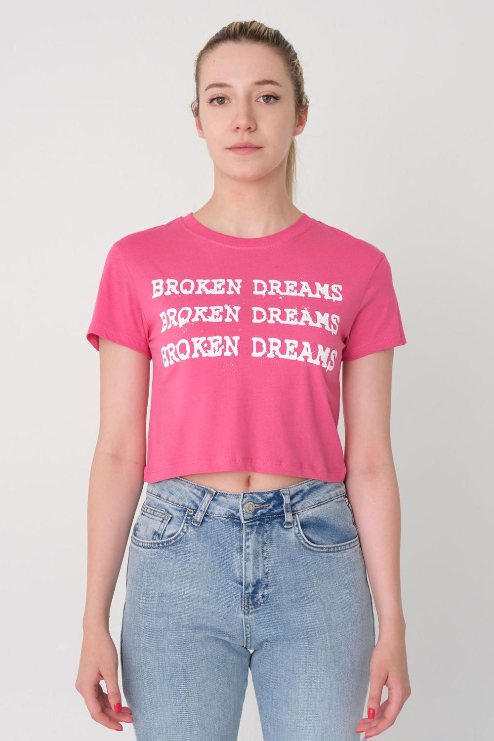 Addax Dreams Baskılı Kısa Kollu Crop T-shirt. 1