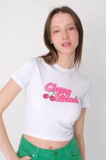Beyaz CHERRY BOMB Baskılı Crop T-shirt