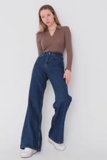 Lacivert Yüksek Bel Wide Leg Jean Pantolon