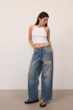 Renkli Yırtık Detaylı Wide Leg Jean