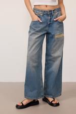 Renkli Yırtık Detaylı Wide Leg Jean