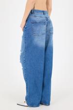 Mavi Yırtık Detaylı Wide Leg Jean Pantolon