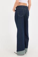 Lacivert Katlama Paça Wide Leg Jean Pantolon