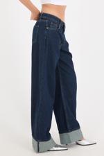 Lacivert Katlama Paça Wide Leg Jean Pantolon