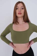 Yeşil Yuvarlak Yaka Uzun Kol Seamless Crop Bluz