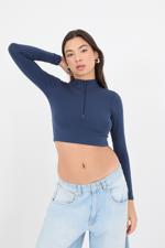 Lacivert Fermuarlı Uzun Kollu Crop Bluz