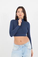 Lacivert Fermuarlı Uzun Kollu Crop Bluz