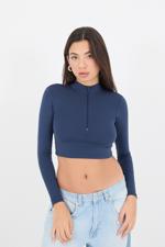 Lacivert Fermuarlı Uzun Kollu Crop Bluz