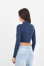 Lacivert Fermuarlı Uzun Kollu Crop Bluz