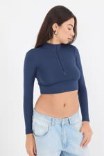 Lacivert Fermuarlı Uzun Kollu Crop Bluz