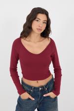 Bordo V Yaka Uzun Kollu Basic Crop Bluz