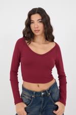 Bordo V Yaka Uzun Kollu Basic Crop Bluz