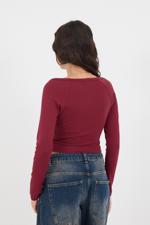 Bordo V Yaka Uzun Kollu Basic Crop Bluz