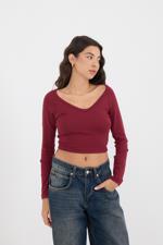 Bordo V Yaka Uzun Kollu Basic Crop Bluz