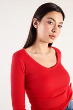 Kırmızı V Yaka Uzun Kollu Modal Bluz