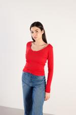 Kırmızı V Yaka Uzun Kollu Modal Bluz