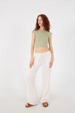 Beyaz Beli Lastikli Wide Leg Pantolon