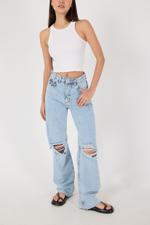 Beyaz Dizleri Yırtık Wide Leg Jean