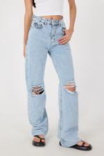 Beyaz Dizleri Yırtık Wide Leg Jean