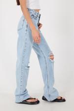 Beyaz Dizleri Yırtık Wide Leg Jean