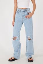 Beyaz Dizleri Yırtık Wide Leg Jean