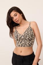 Bej Leopar Desenli Crop Bluz