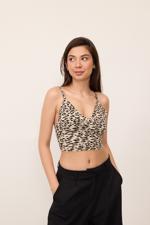 Bej Leopar Desenli Crop Bluz