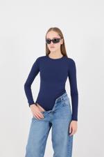 Lacivert Bisiklet Yaka Uzun Kollu Basic Bodysuit