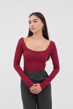 Bordo U Yaka Uzun Kollu Crop Bluz