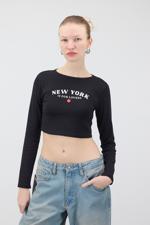 Siyah NEW YORK IS FOR LOVERS Yazılı Crop Bluz