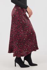 Bordo Leopar Desenli Saten Midi Etek