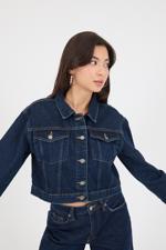 Lacivert Düğmeli Katlama Kol Denim Ceket