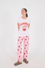 Bej STRAWBERRY MİLK Yazılı Pijama Takımı