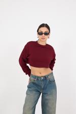 Bordo Bisiklet Yaka Crop Sweatshirt