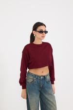 Bordo Bisiklet Yaka Crop Sweatshirt