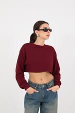 Bordo Bisiklet Yaka Crop Sweatshirt