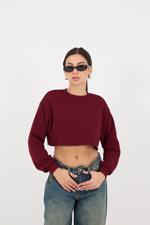 Bordo Bisiklet Yaka Crop Sweatshirt