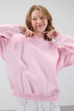 Pembe Bisiklet Yaka Şardonlu Basic Sweatshirt