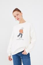 Beyaz Önü Ve Arkası Baskılı Şardonlu Sweatshirt