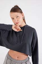 Siyah Kapüşonlu Crop Modal Sweatshirt