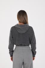 Siyah Kapüşonlu Soluk Efektli Crop Sweatshirt