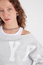 Gri NEW YORK Yazılı Şardonlu Crop Sweatshirt