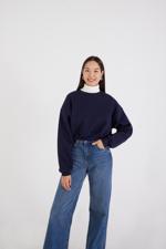 Lacivert Şardonlu Bisiklet Yaka Basic Sweatshirt