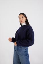 Lacivert Şardonlu Bisiklet Yaka Basic Sweatshirt