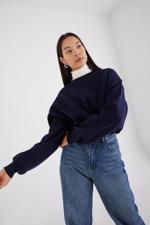 Lacivert Şardonlu Bisiklet Yaka Basic Sweatshirt