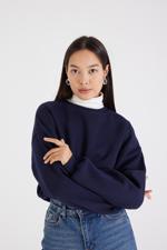 Lacivert Şardonlu Bisiklet Yaka Basic Sweatshirt